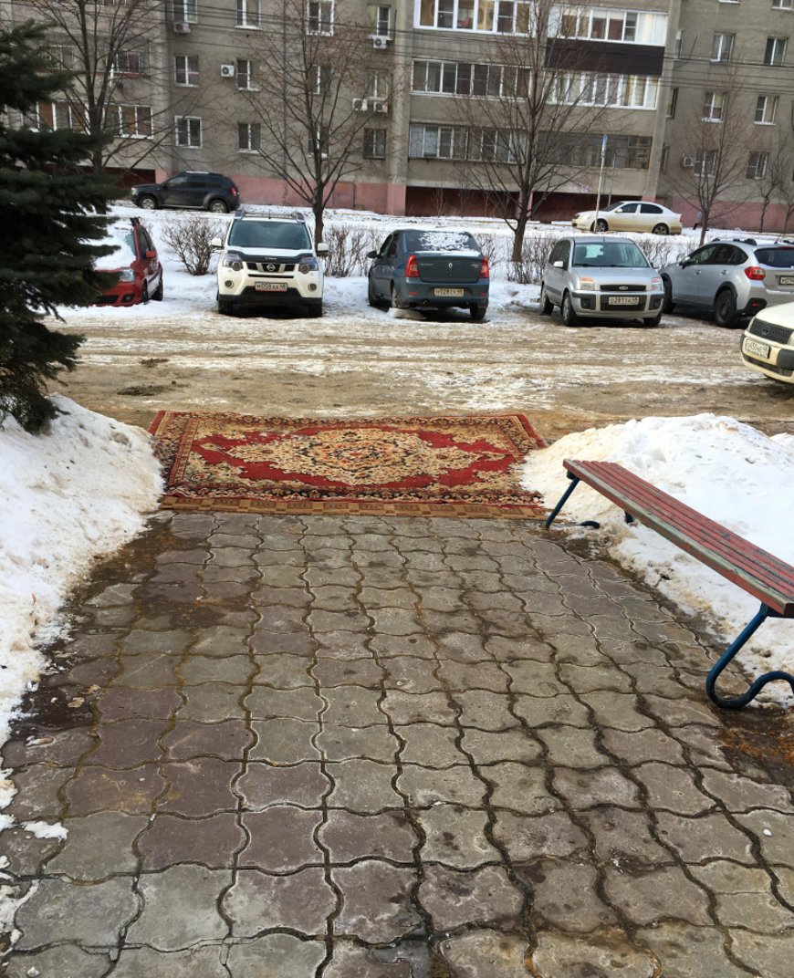 И так сойдет! В российском дворе перед домом вместо плитки положили ковер  (Фото)