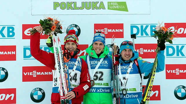 Уле-Эйнар Бьорндален, Симон Шемпп и Евгений Гараничев. Фото Международного союза биатлонистов