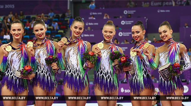 Победители Европейских игр в групповом упражнении с булавами и обручами сборная Беларуси