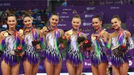 Победители Европейских игр в групповом упражнении с булавами и обручами сборная Беларуси