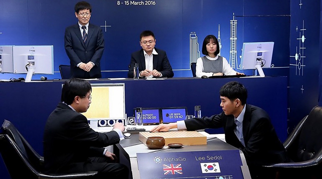 Ли Седоль (справа) сражается с AlphaGo