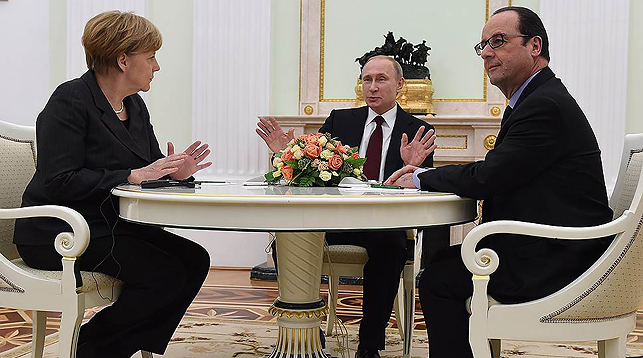 Ангела Меркель, Владимир Путин и Франсуа Олланд