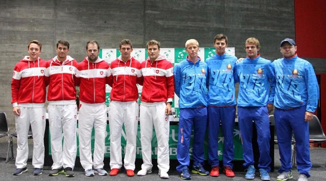 Команды Швейцарии и Беларуси во время жеребьевки. Фото Белорусской федерации тенниса