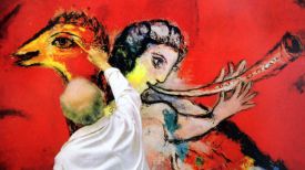 Марк Шагал за работой над фреской &quot;Триумф музыки&quot; для Линкольн-центра в Нью-Йорке. Открытка выпущена издательством &quot;Art Unlimited Amsterdam&quot;. Фото из архива