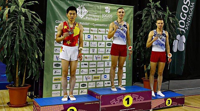 Гао Лей, Владислав Гончаров и Олег Рябцев. Фото Белорусской ассоциации гимнастики