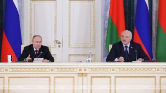 Владимир Путин и Александр Лукашенко приняли участие в заседании Высшего госсовета Союзного государства. Константиновский дворец, январь 2024 года