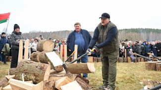 Александр Лукашенко во время посещения третьего чемпионата по колке дров среди СМИ, ноябрь 2024 года