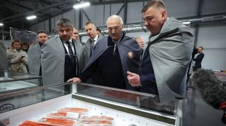 Александр Лукашенко во время посещения рыбхоза "Палуж"