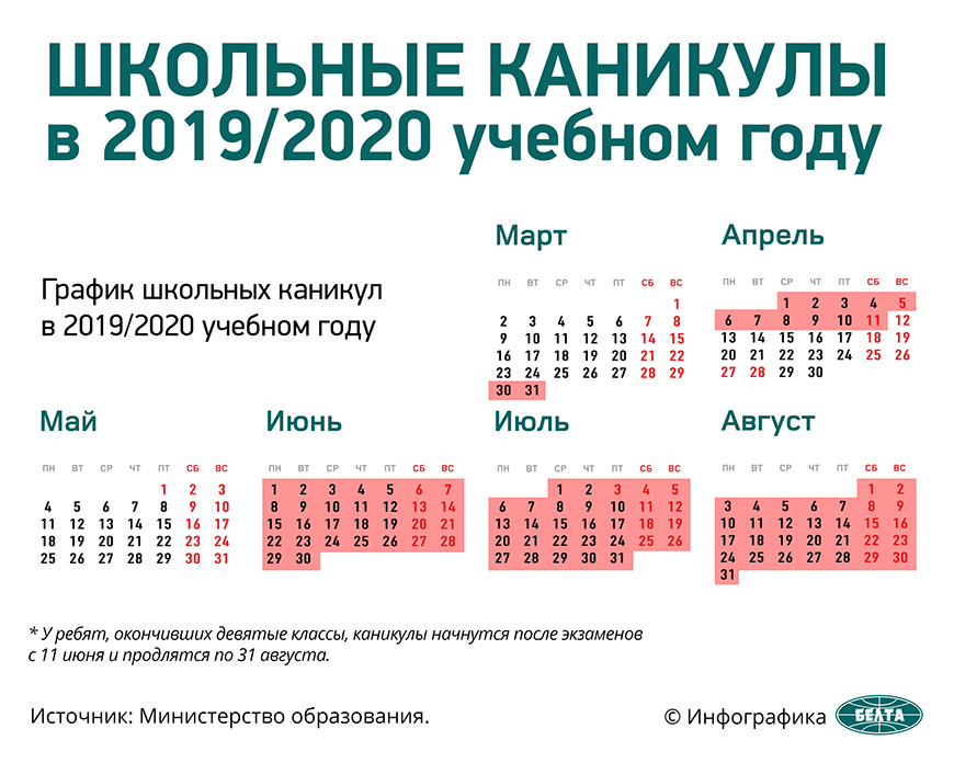 Школьные каникулы в 2019/2020 учебном году