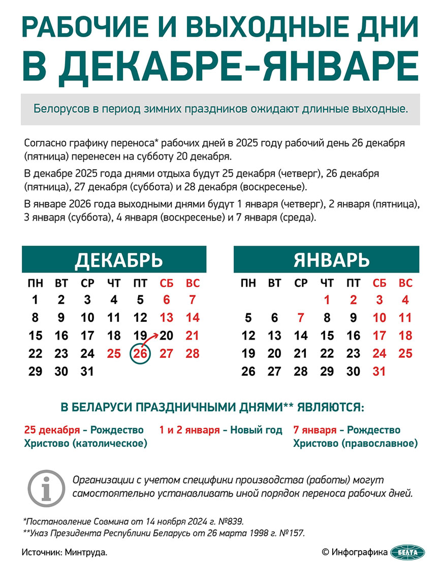 Рабочие и выходные дни в декабре-январе 