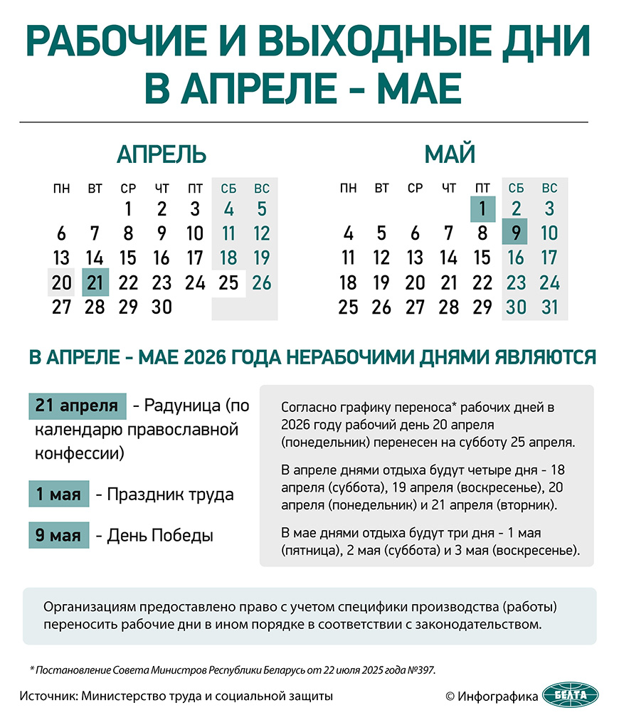 Рабочие и выходные дни в апреле - мае