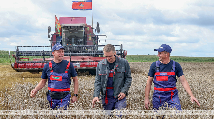 Экипажи со спасателями убирают урожай в Рогачевском районе