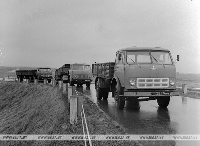 На трассе "МАЗ-500А", "МАЗ-504Г", "МАЗ-504А". 1972 год