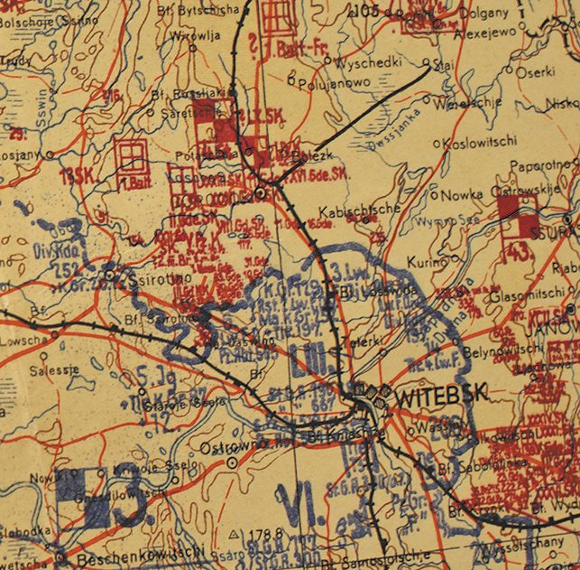 Фрагмент нямецкай карты германска-савецкага фронту ў ваколiцах Вiцебска ў пачатку 1944 года