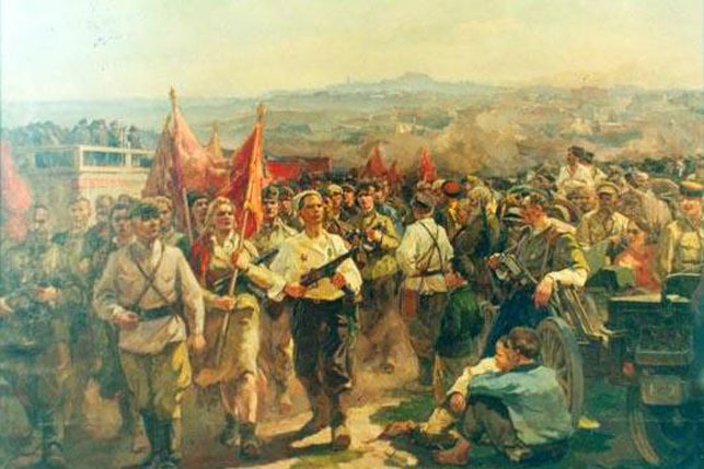 Е.А.Зайцев "Парад белорусских партизан в Минске 16 июля 1944 года". 1947 год