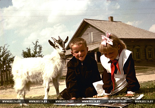 Дети сельского учителя К.Белявского Аня и Коля со своим любимцем. Колхоз "Рассвет". 1955 год