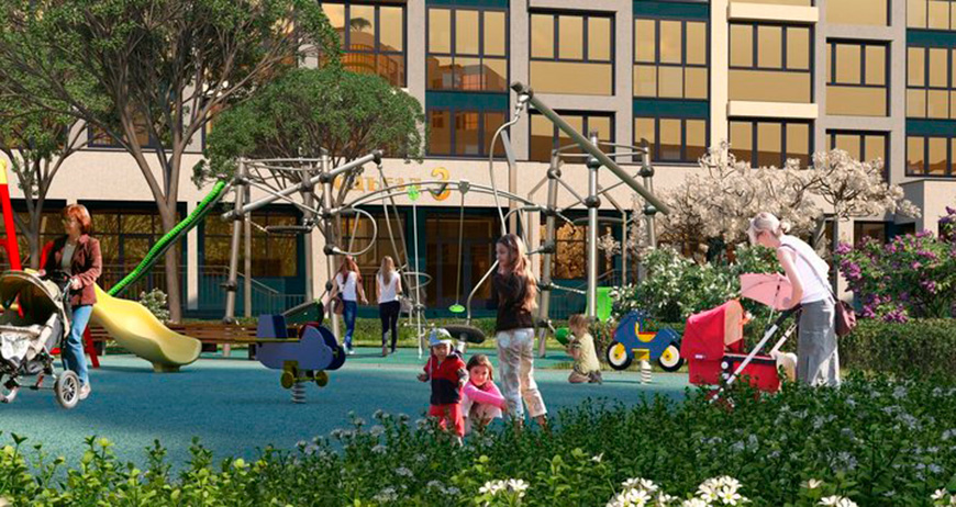 Во дворах будут отлично оборудованные детские площадки – с горками, лесенками, специальным мягким покрытием