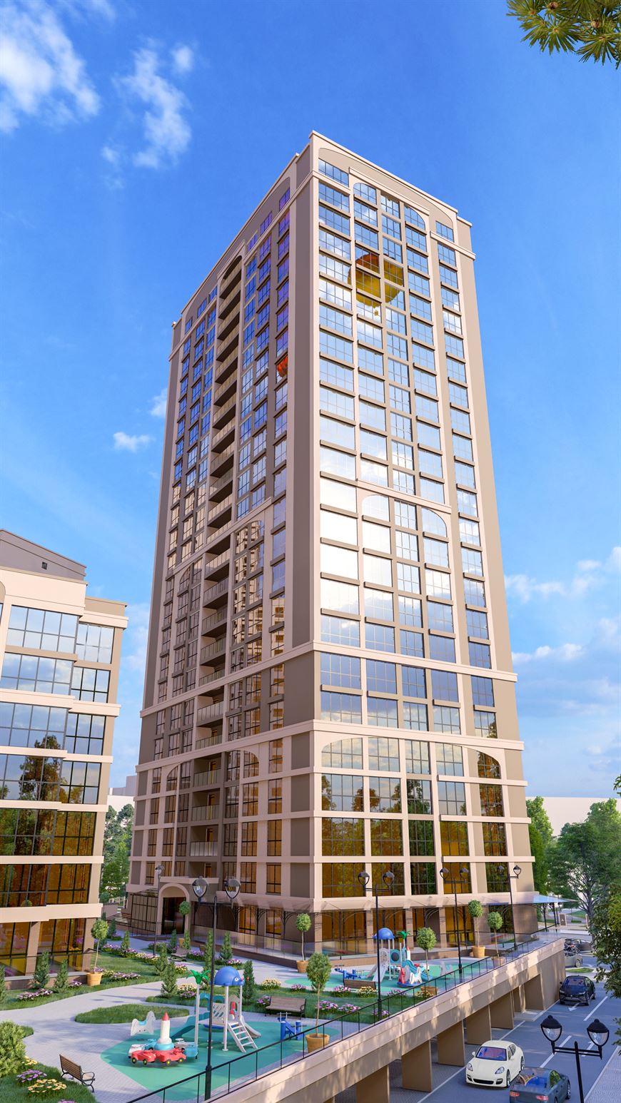 На эксплуатируемой кровле над паркингом на первом этаже здания предусмотрены детские игровые площадки и зоны отдыха с озеленением На эксплуатируемой кровле над паркингом на первом этаже здания предусмотрены детские игровые площадки и зоны отдыха с озеленением