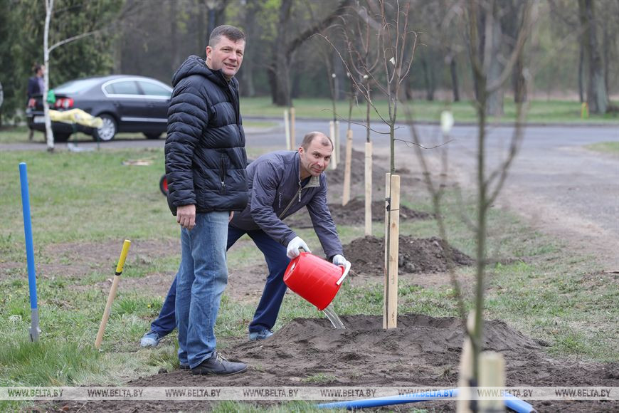 Глава администрации Ленинского района Бреста Валентин Милошевский (слева) принимает участие в субботнике