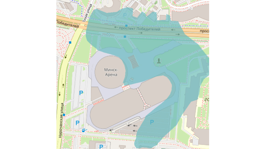 Тестовая зона Минск-Арена, диапазон 3500 Мгц (голубая заливка цветом вокруг объекта)