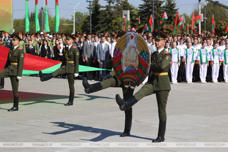 Церемония чествования государственных флага, герба и гимна в Минске, май 2023 года