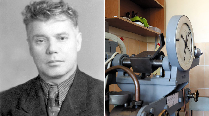 Слева: фото конца 1930-х годов. Зачинатель древесиноведения в Беларуси Андрей Карпович Петруша (1904-1968). Справа: машине для тестирования древесины почти сто лет, и она в рабочем состоянии.
