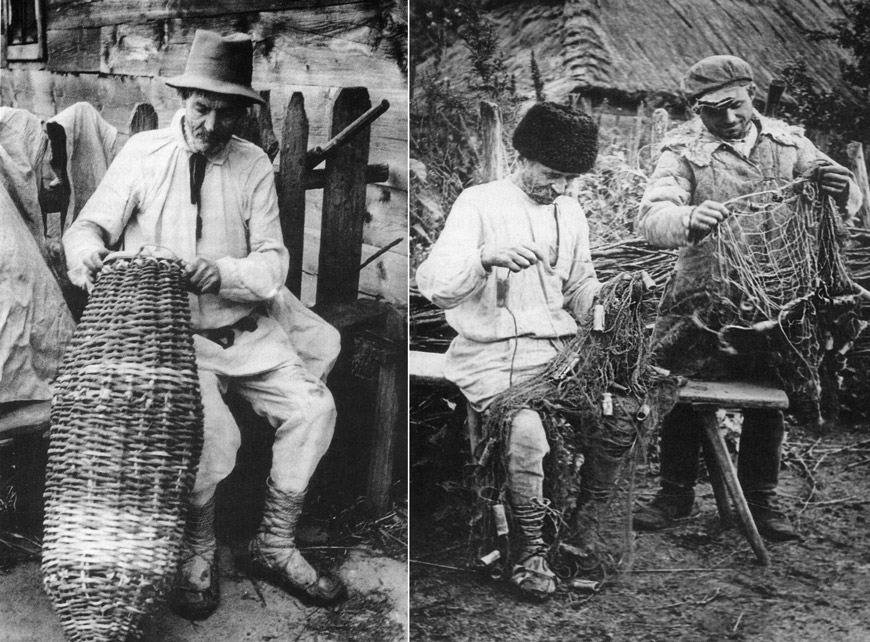 Злева: кошалку для лоўлі ўюноў плялі з лазы. Справа: перад рыбалкай сетку абавязкова перабірал. Злева: кошалку для лоўлі ўюноў плялі з лазы. Справа: перад рыбалкай сетку абавязкова перабірал.